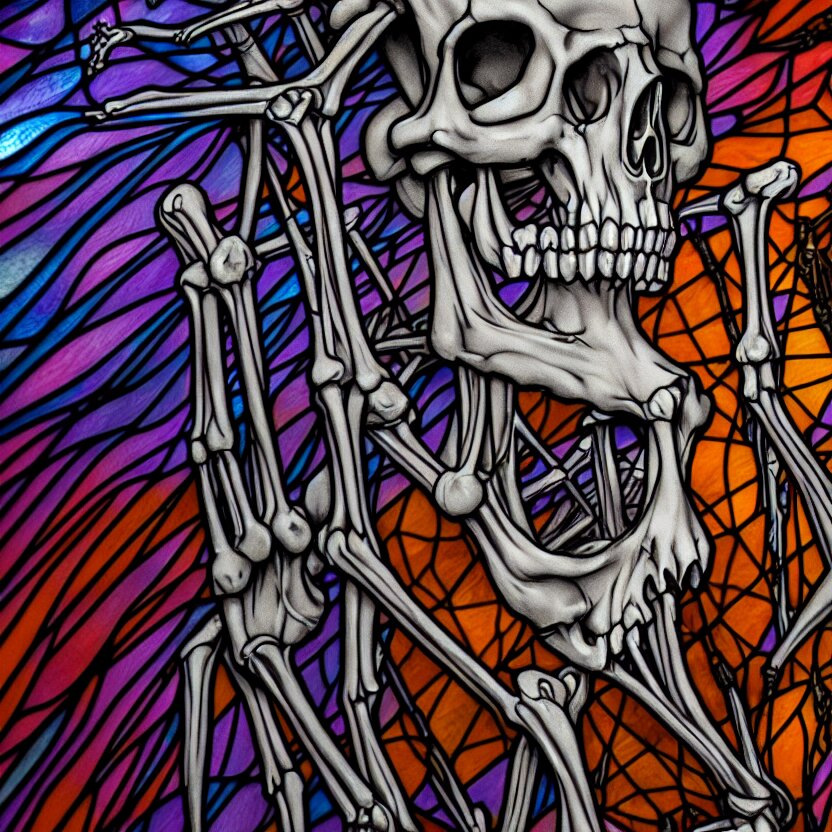 Human Skeleton Slowly Transforming into Stained Glass Windows