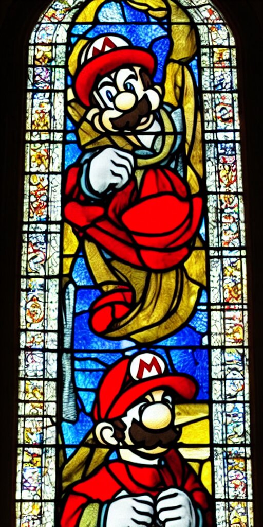 Photograph of Mario in a Stained Glass Church Window