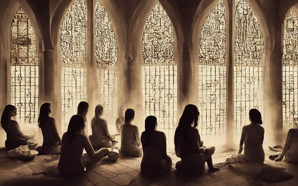 “ Women Sitting in a Hammam Bathhouse with Sheer Drapes and Arch Slit Windows