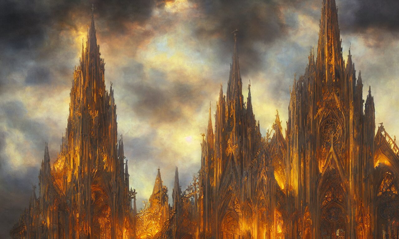 Breathtaking Detailed Soft Painting of an Golden Art Nouveau Cathedral