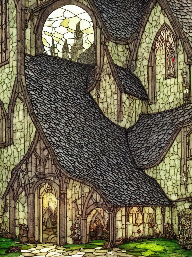 Arched Medieval Tavern Stained Glass Window Exterior