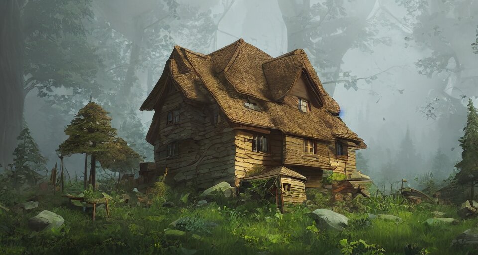 Painting of a House in the Middle of a Forest