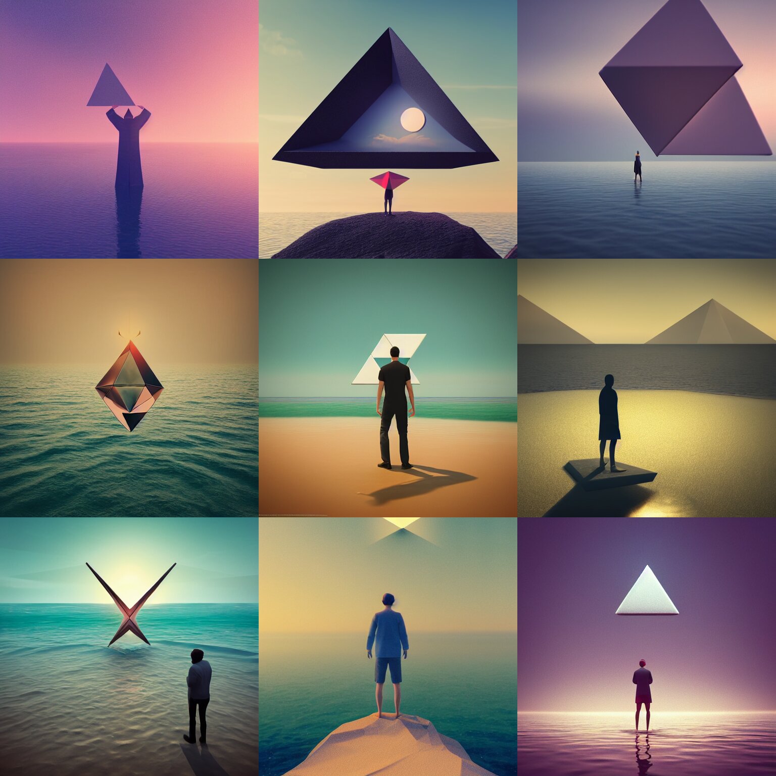 Person Standing in the Ocean with a Triangle in the Sky