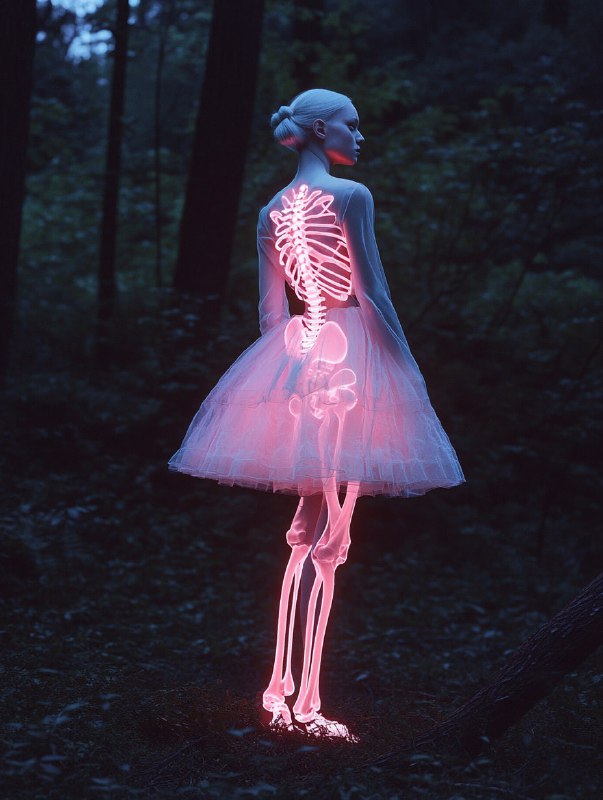 Albino Woman with Neon Skeleton