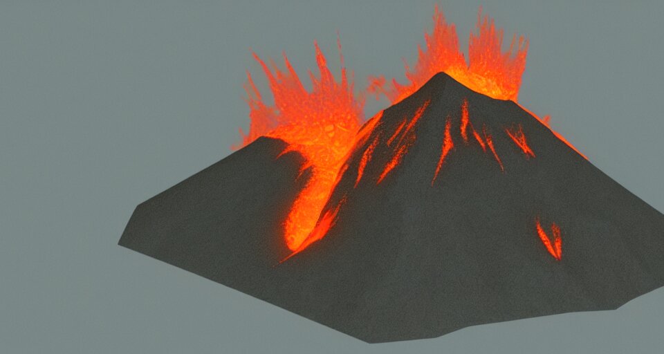 Low Poly Unity Render of a Volcano with Glowing Orange Lava Rolling Down the Side of It