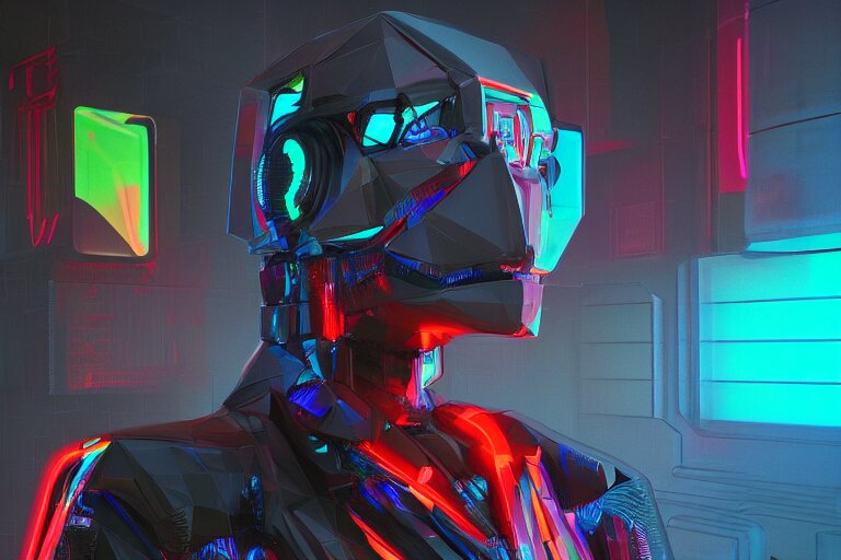 3D Render of a Low-poly Smooth Simple Cyberpunk Humanoid Futuristic Sci-fi Robot