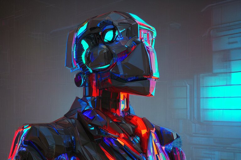 3D Render of a Low-poly Cyberpunk Humanoid Futuristic Sci-fi Robot