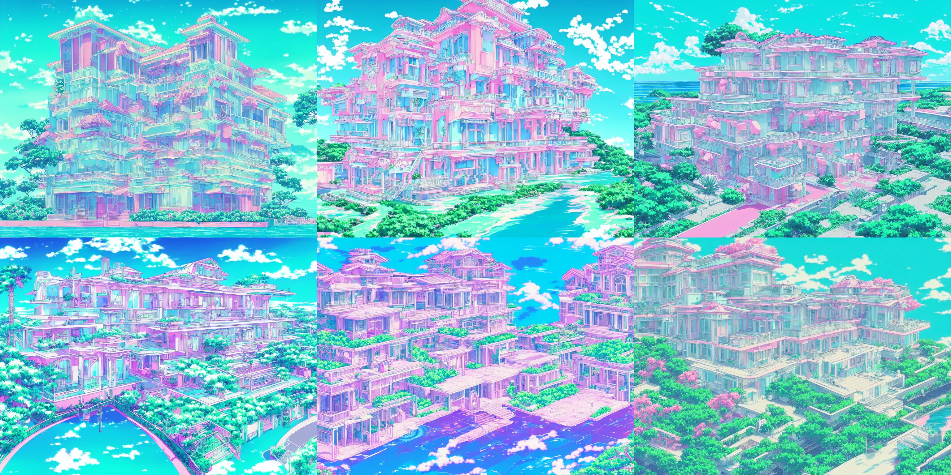 Vaporwave Style Mansion with an Ocean View in the Background
