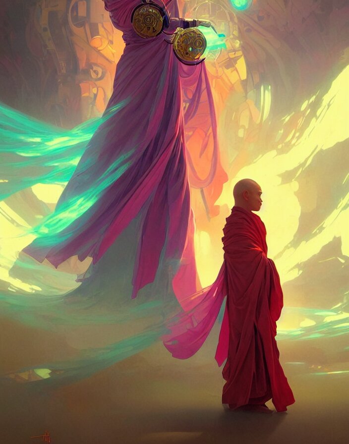 Robot Monk Wearing a Flowing Cloak