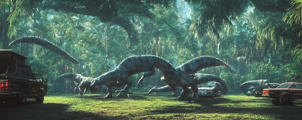 Scene from Jurassic Park ( 1 9 9 3 ) That Takes Place in Adinosaur Park in the Night Time
