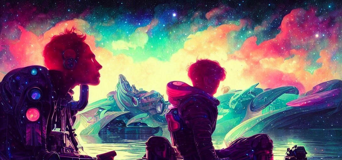 Flsherman Sitting in a Boat Amidst a Large Galaxy Nebula