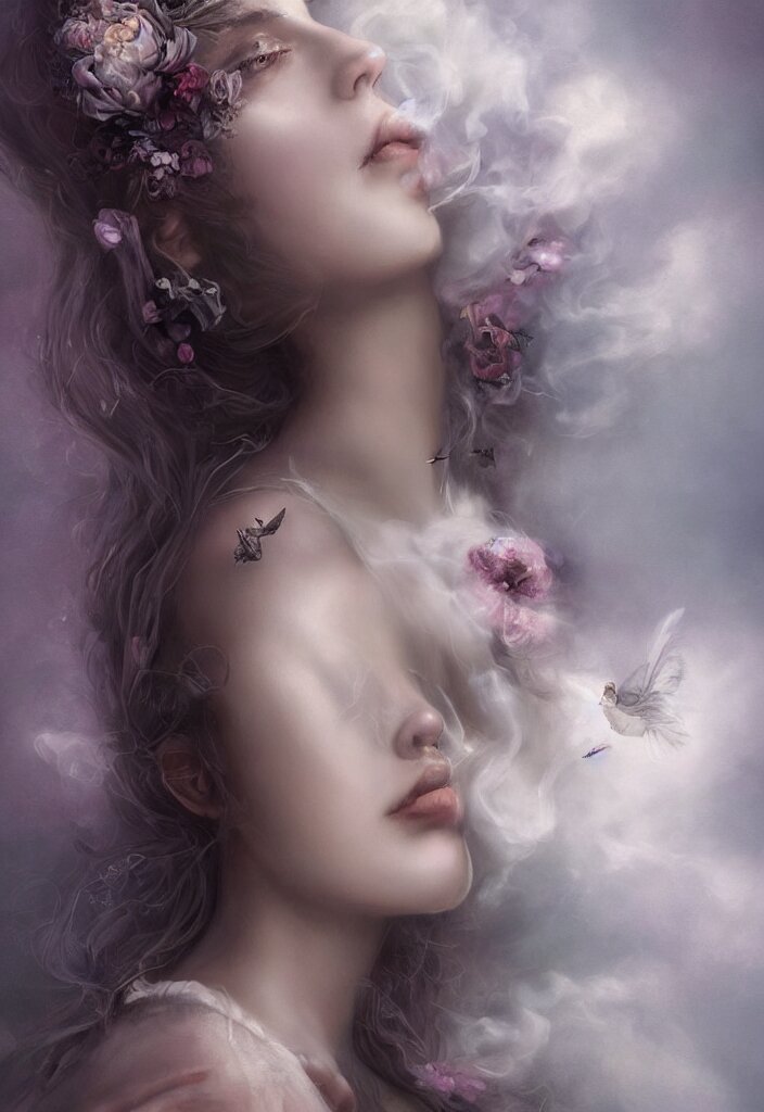 Haunting Young Woman Made Out of Smoke and Clouds