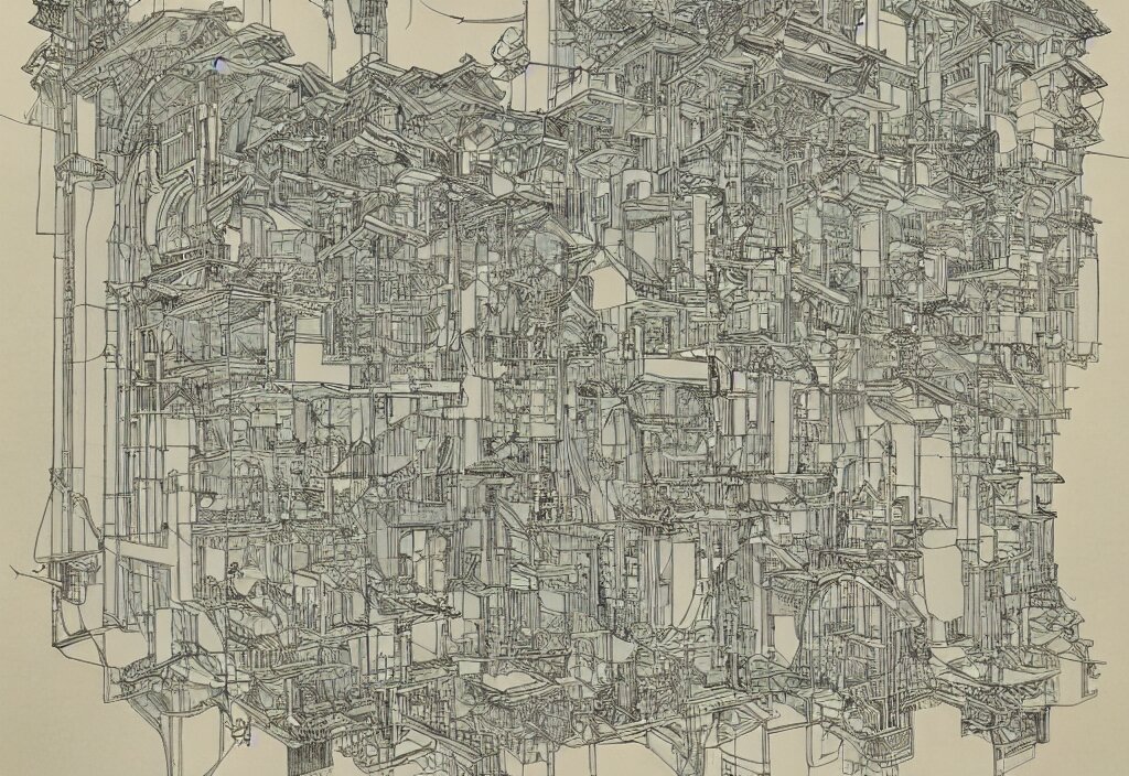 Artwork Made from Layers of Technical Drawings and Architectural Plans and Blueprints