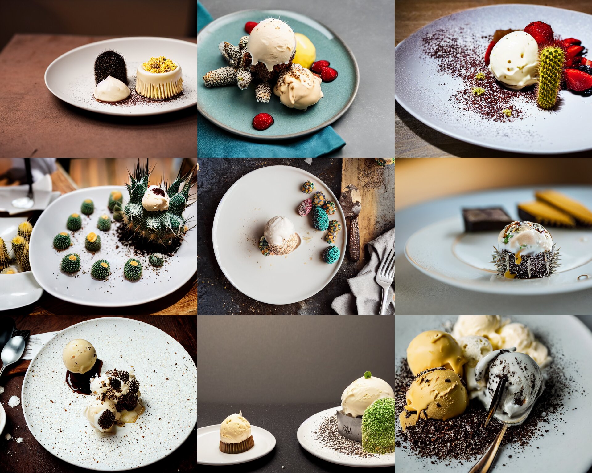 Fine Dining Dessert Plate of Spiky Cactus and Ice Cream