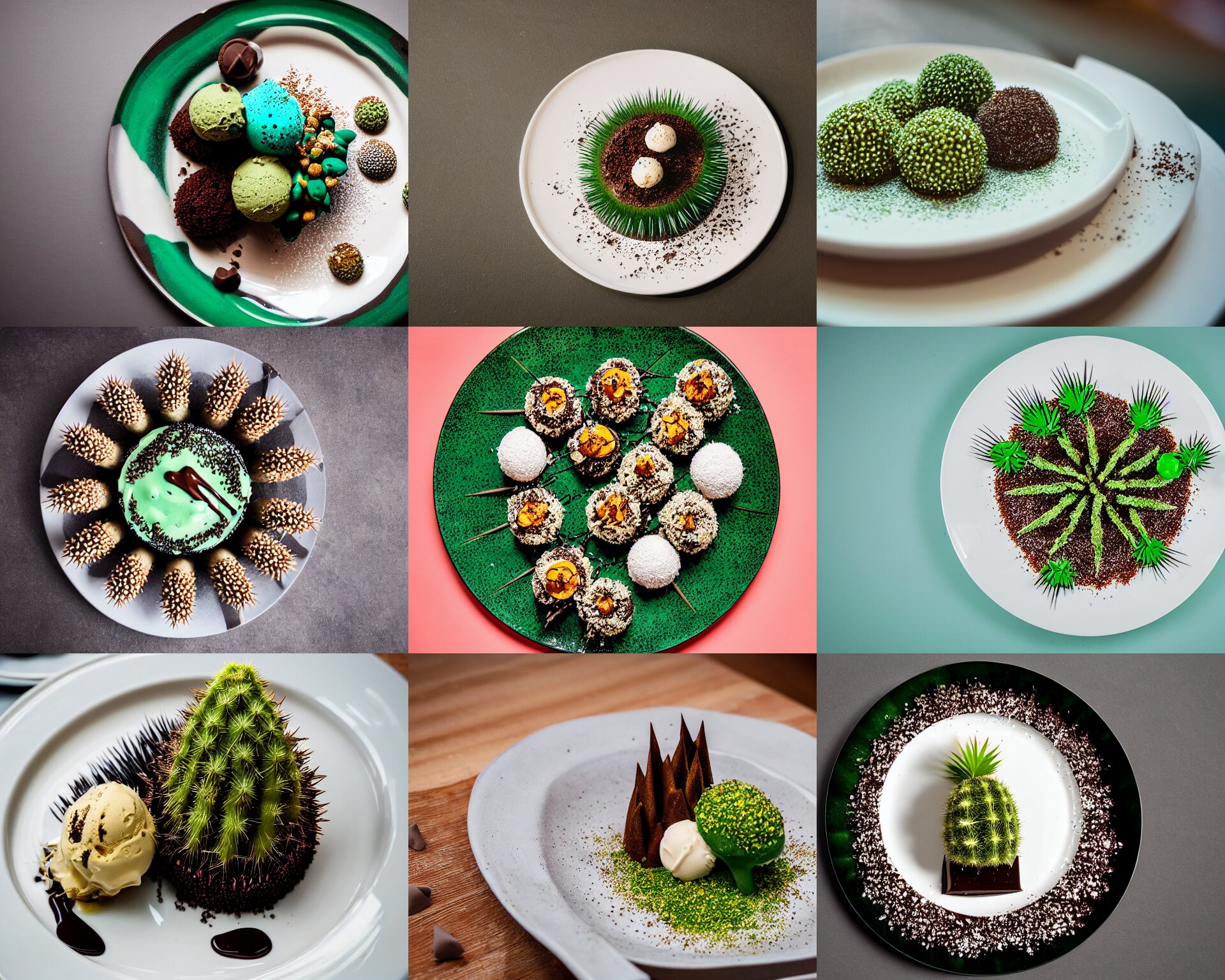 Fine Dining Dessert Plate of Spiky Chocolate Green Cactus and Ice Cream
