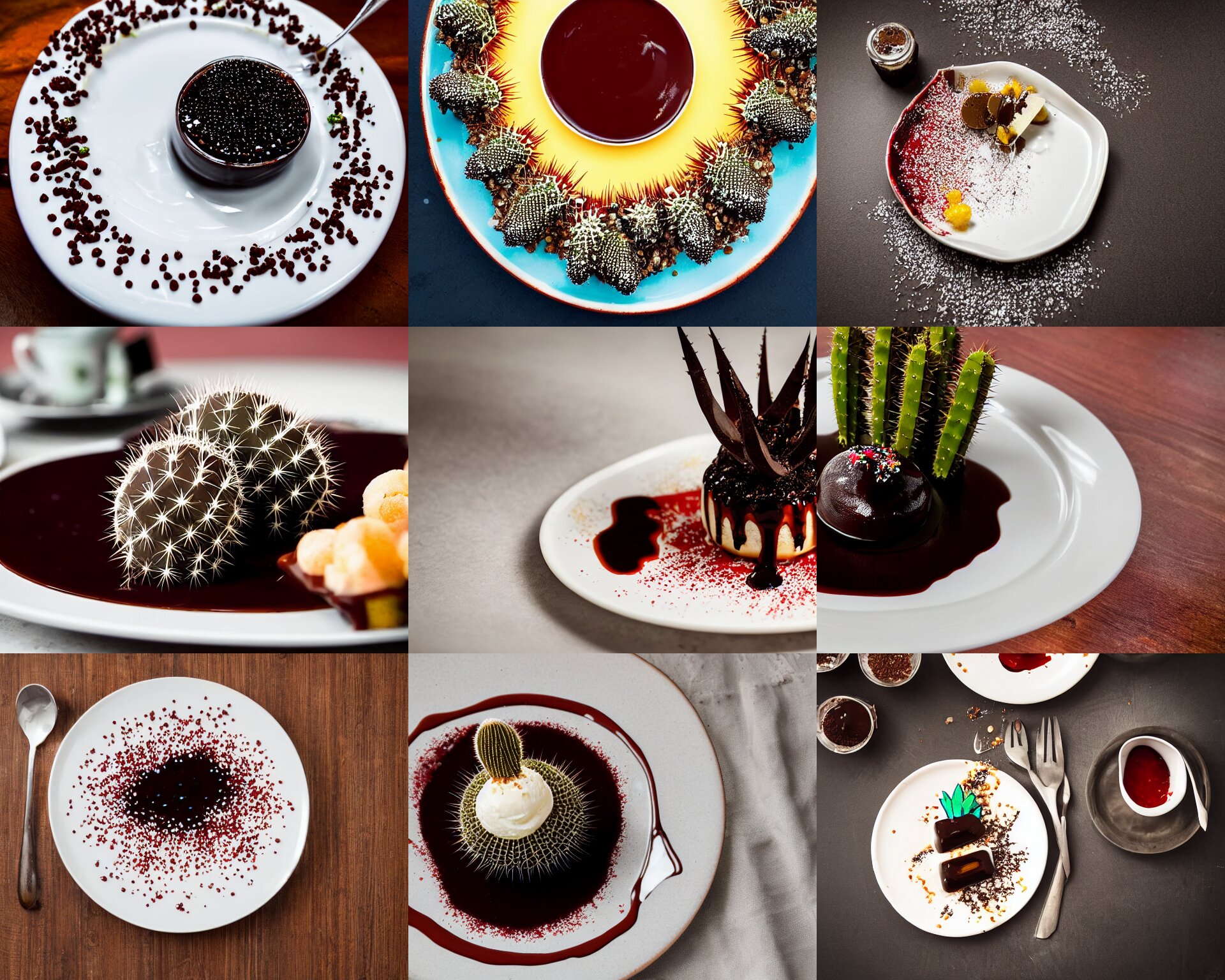 Fine Dining Dessert Plate of Spiky Cactus and Chocolate Sauce