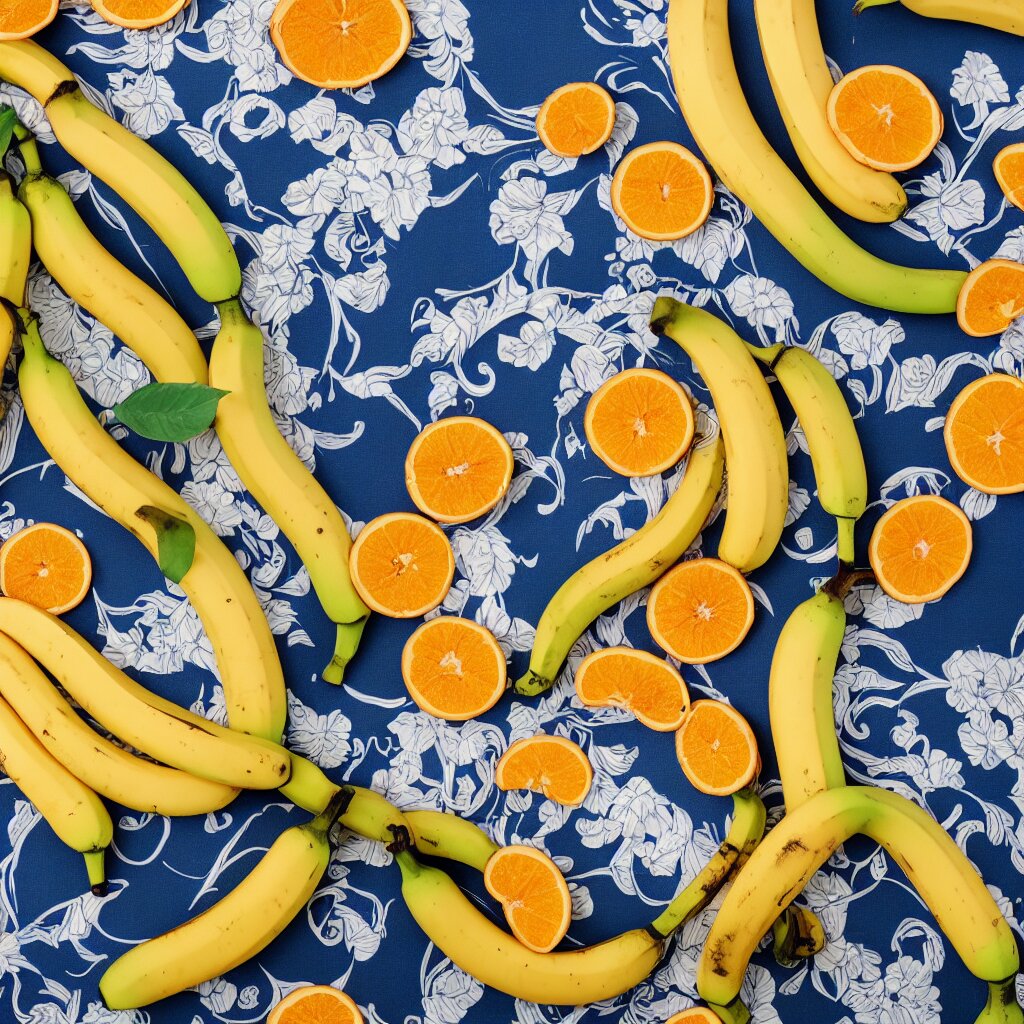 Very Long Circular Bananas with Cut Orange Slices and Leaves