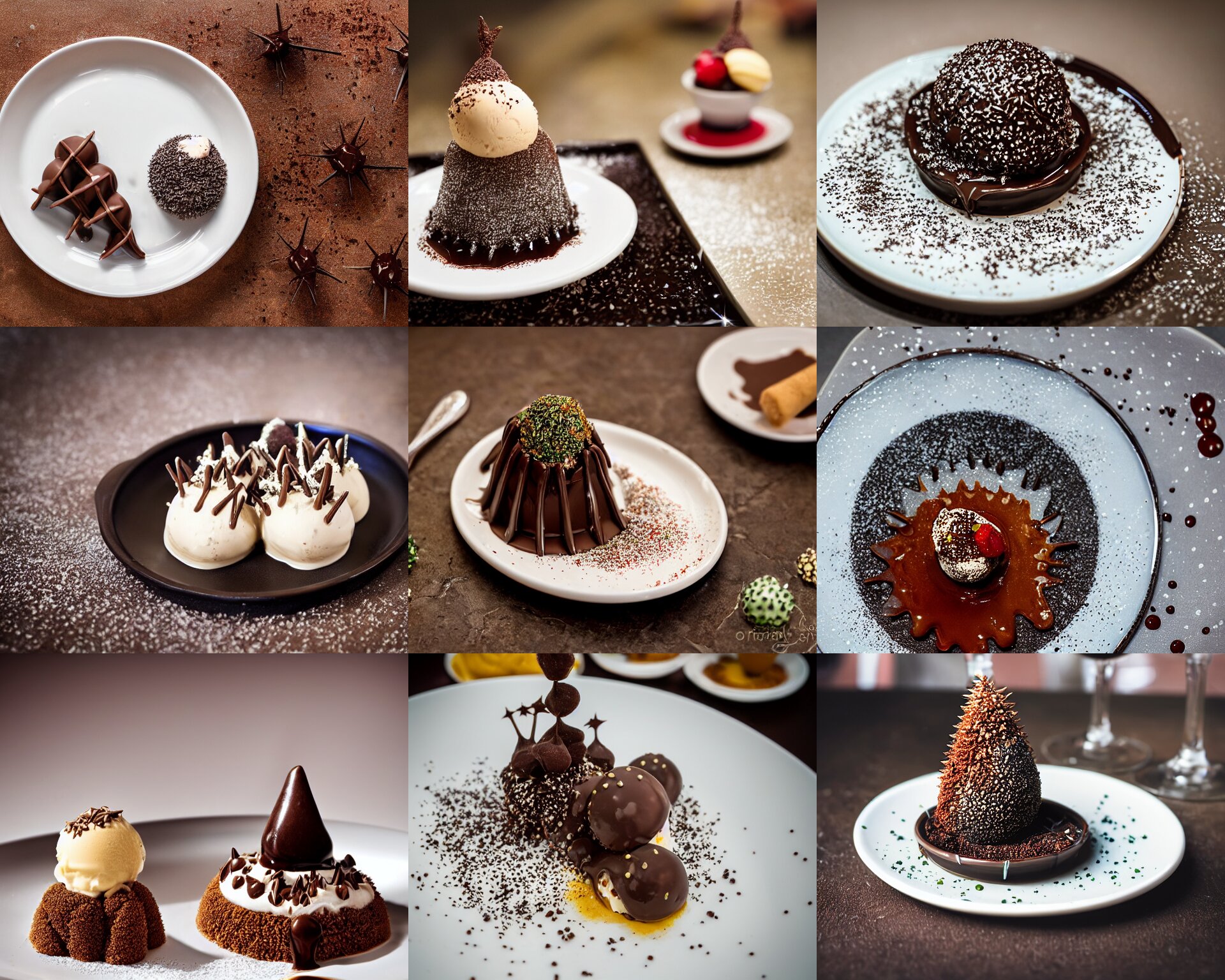 Fine Dining Dessert Plate of Spiky Chocolate Cactus and Ice Cream
