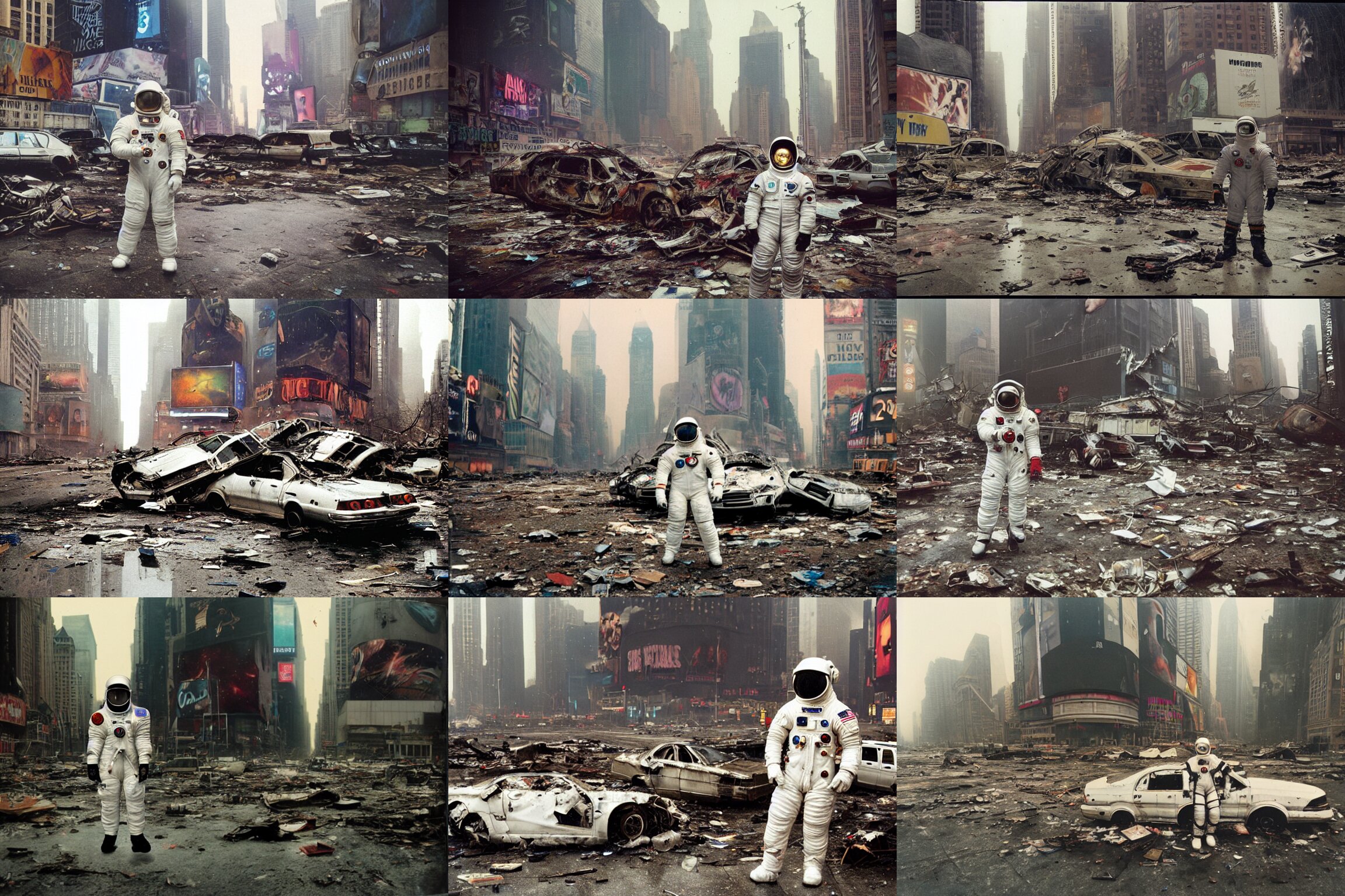 American White Spacesuit Astronaut in Postapocalyptic Abandoned Destroyed Times Square