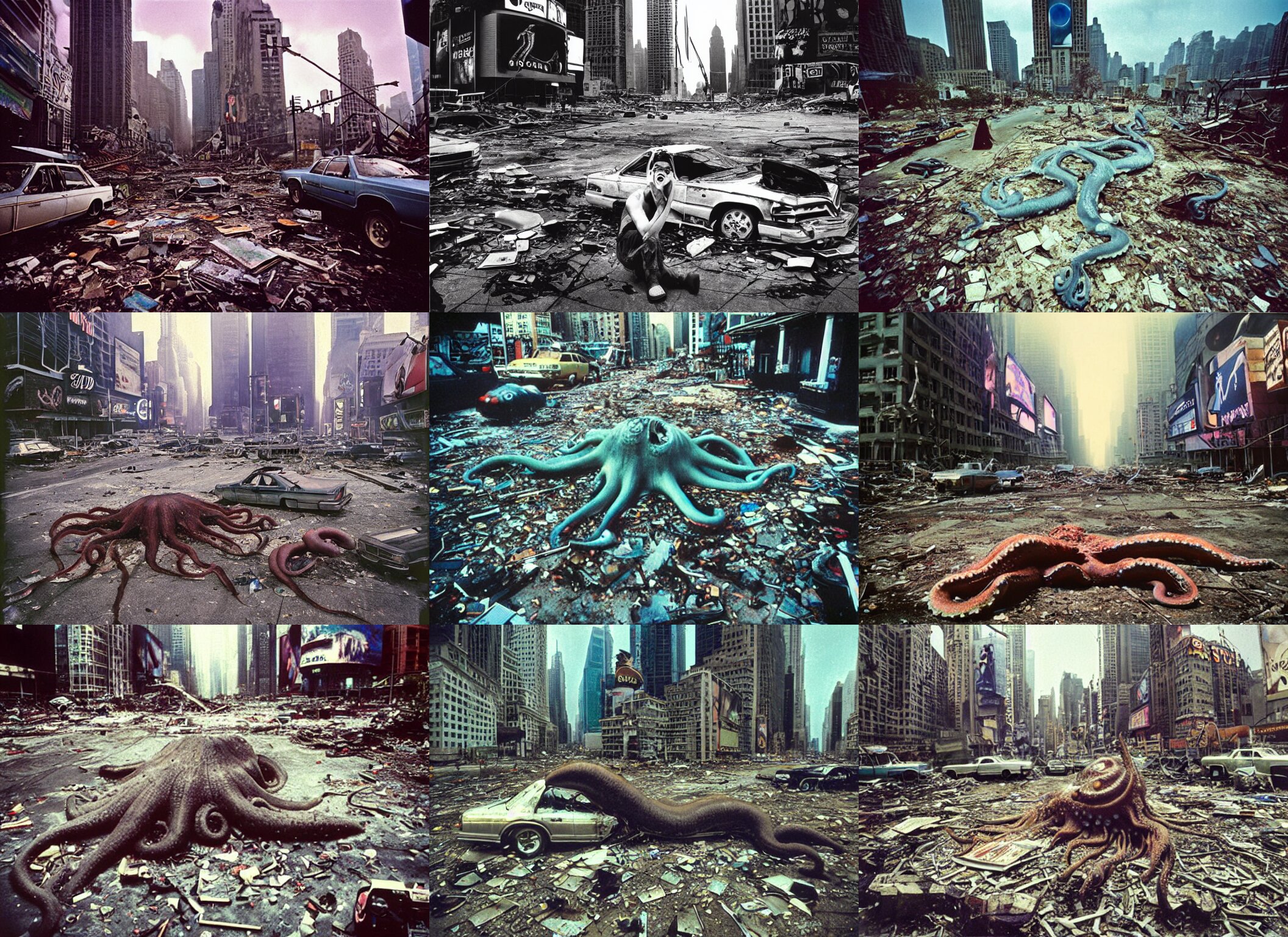 Giant Octopus Body Lyong on the Ground in Postapocalyptic Abandoned Destroyed Times Square