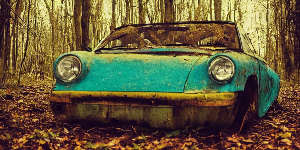 Analog Polaroid of Abandoned Car in a Forest