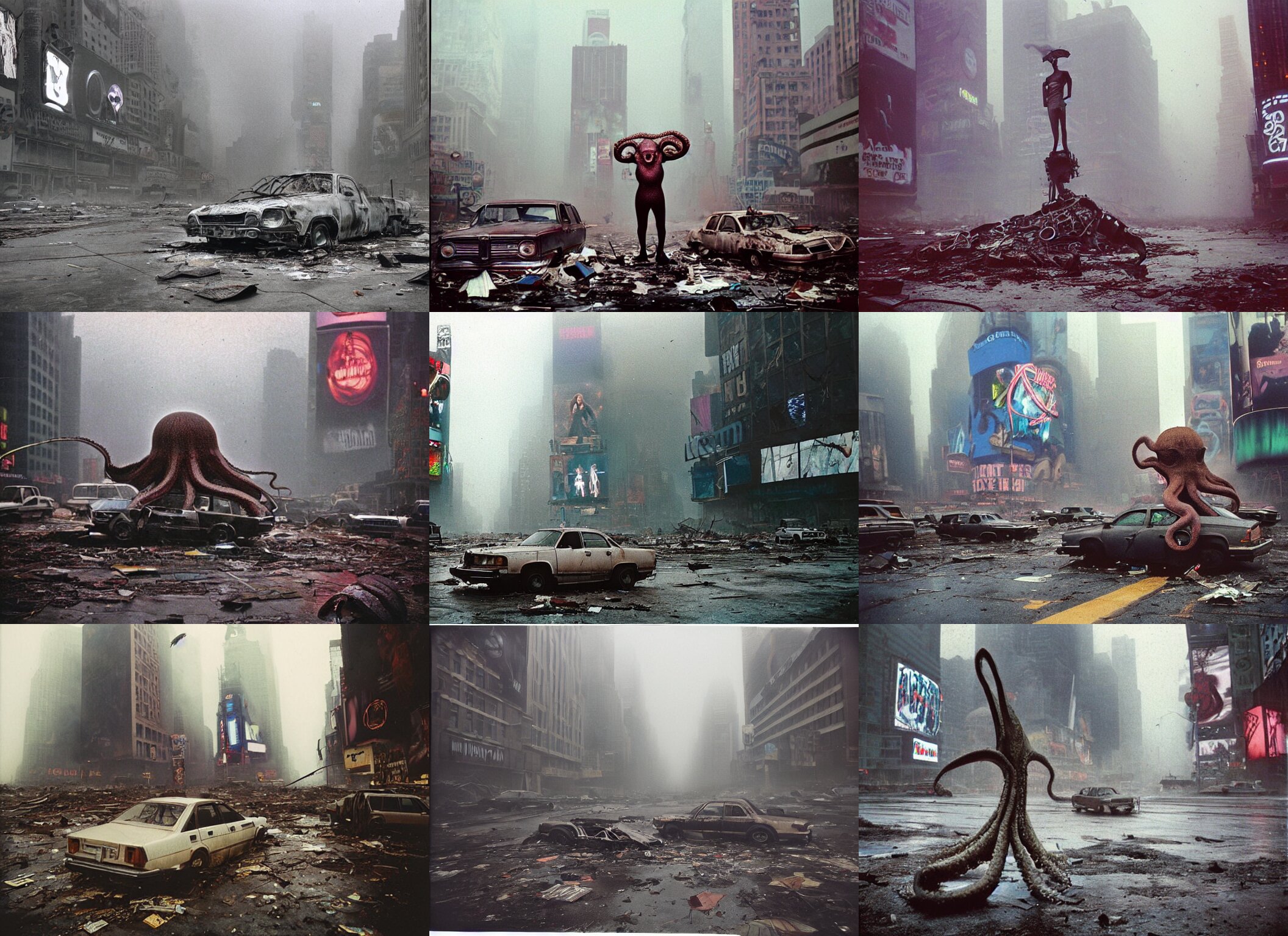 Giant Octopus Standing in Postapocalyptic Abandoned Destroyed Times Square