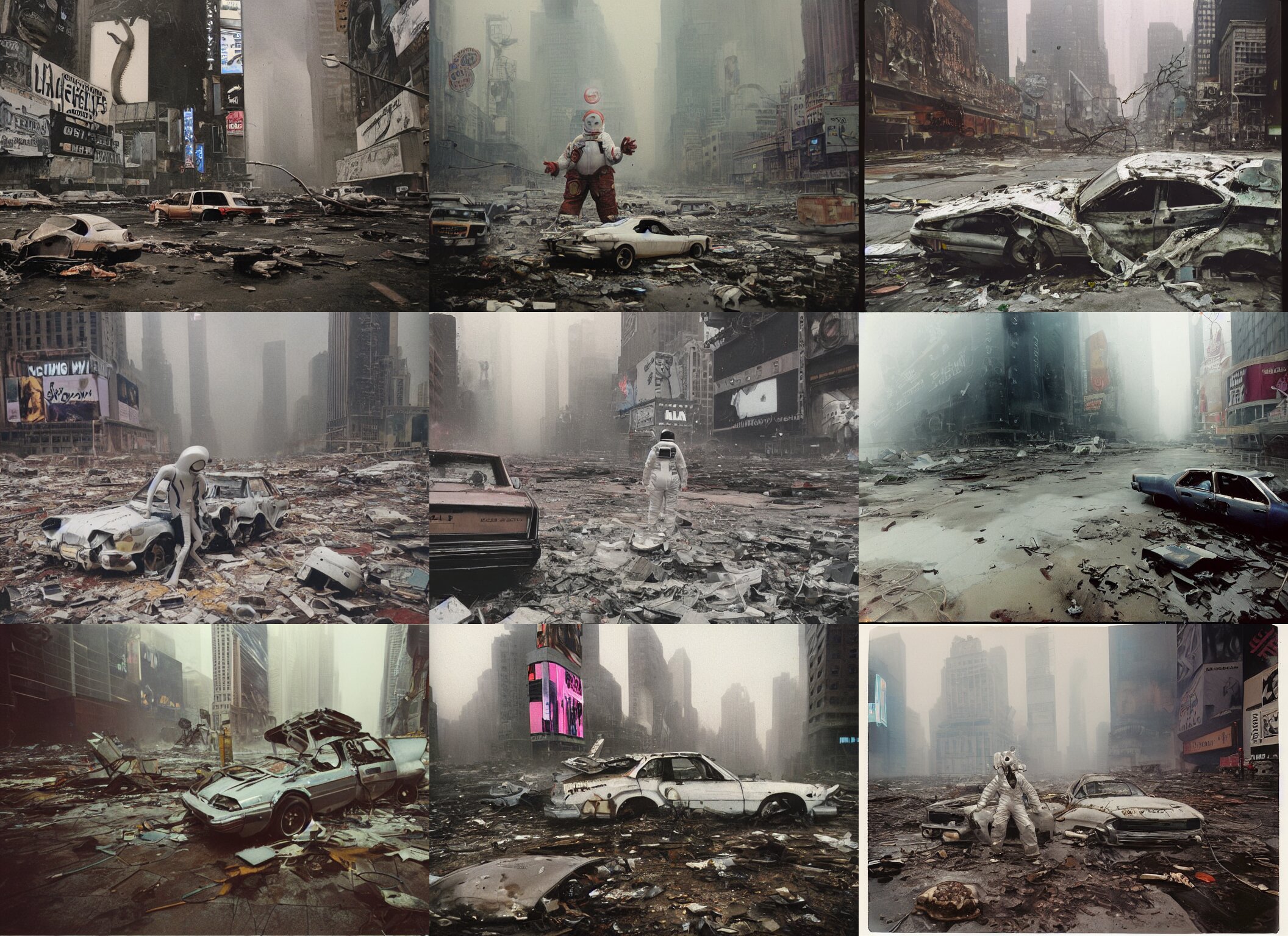 Octopus Wearing White Spacesuit in Postapocalyptic Abandoned Destroyed Times Square