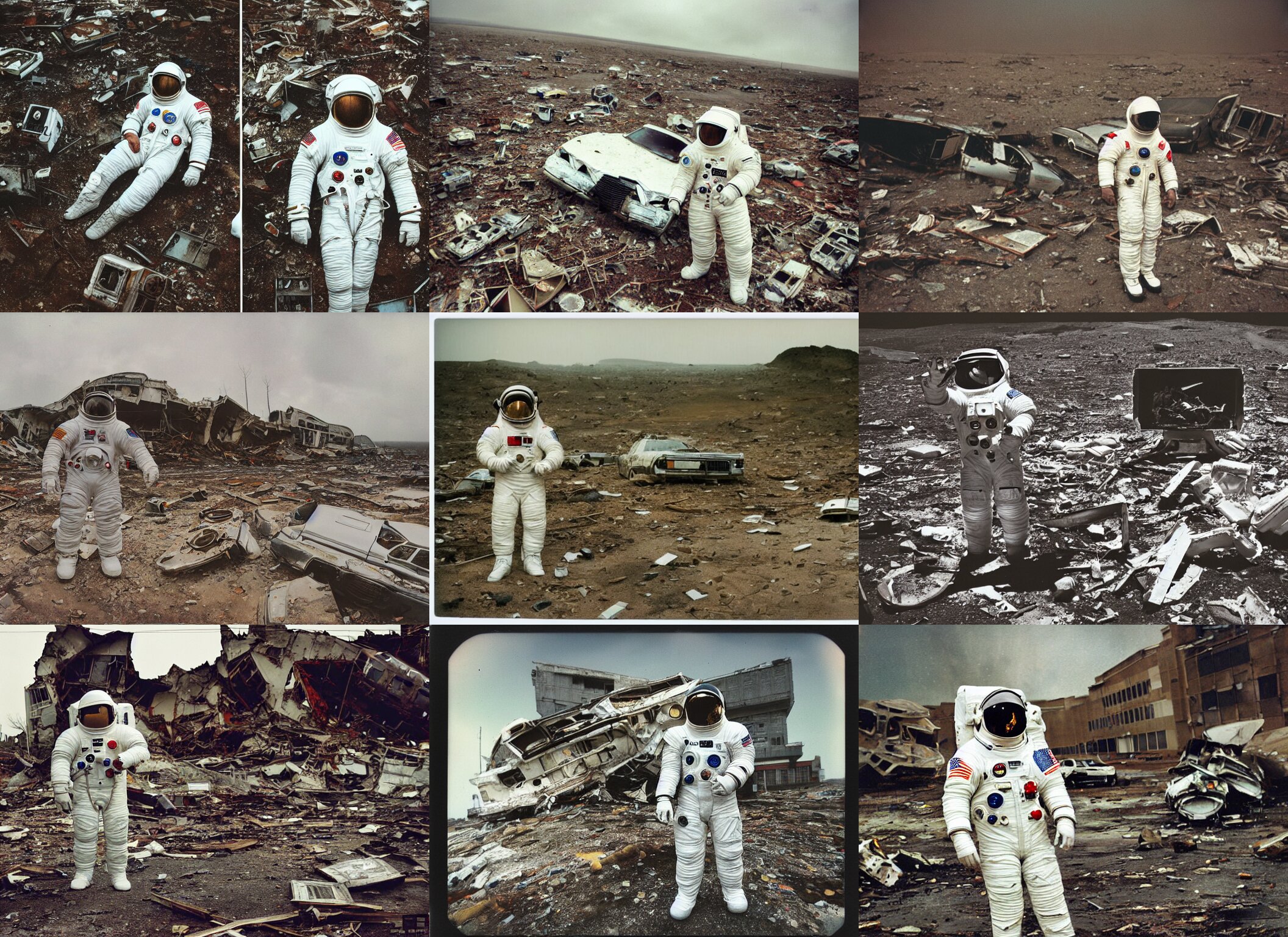 American White Spacesuit Astronaut in Postapocalyptic Abandoned Destroyed Crater