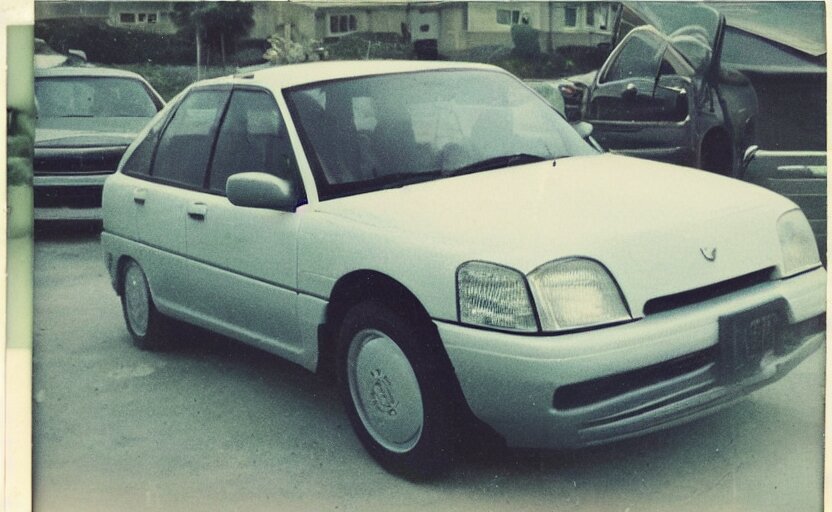 Vintage Polaroid Photograph of a 1995 Volvo Car Parked in the Parking Lot of a Beach