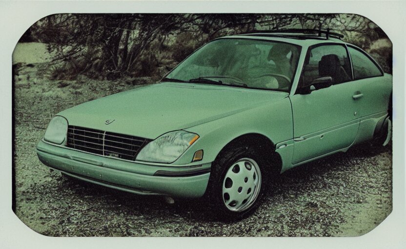Vintage Polaroid Photograph of a 1998 Volvo Car Parked in the Parking Lot of a Beach