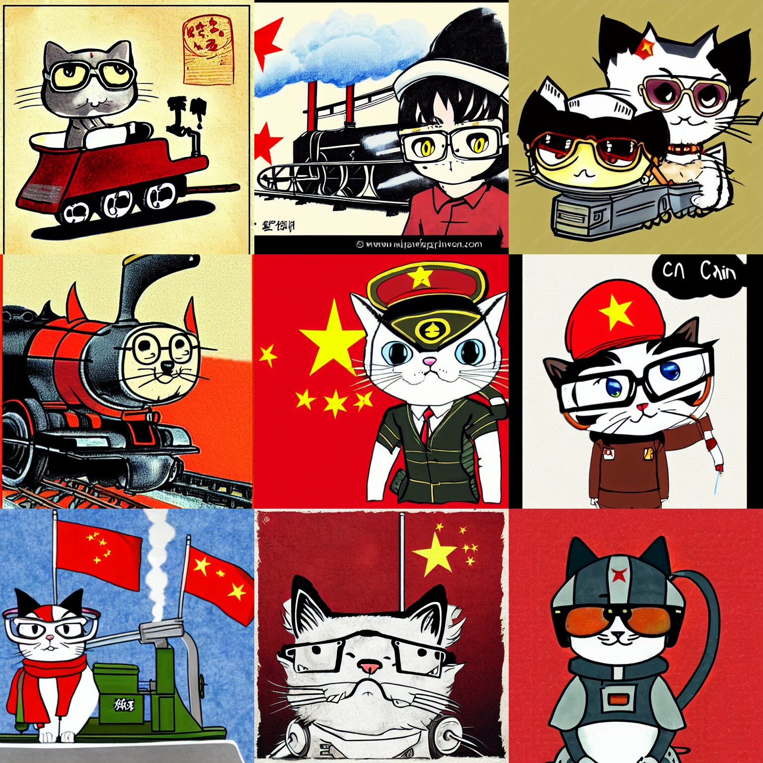 Anime Doodle of a Chibi Chinese Cat with Aviator Glasses as a Driver of a Steam Locomotive
