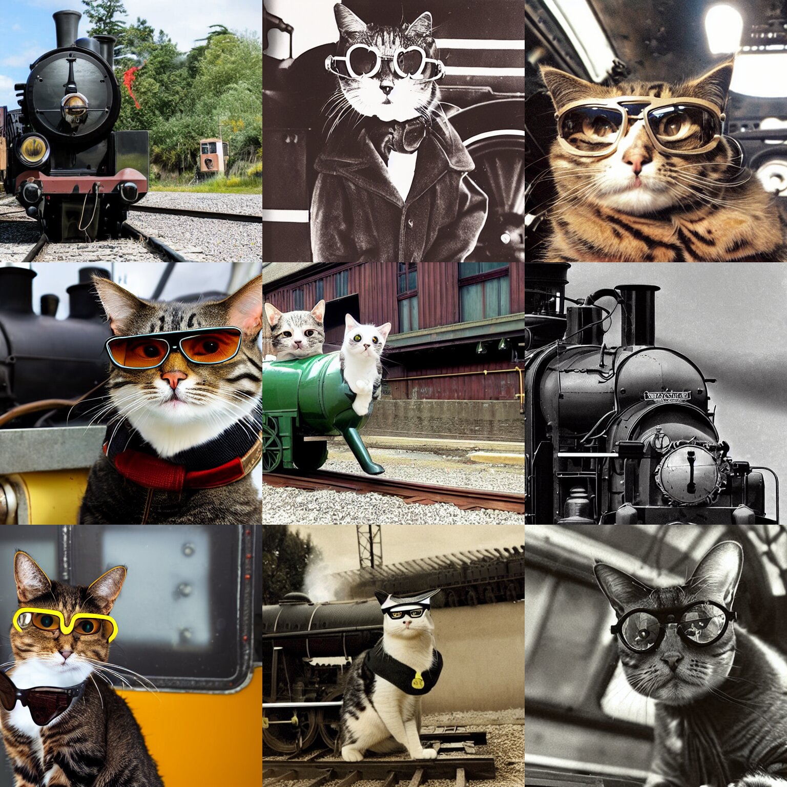 Cat with Aviator Glasses as a Driver of a Steam Locomotive