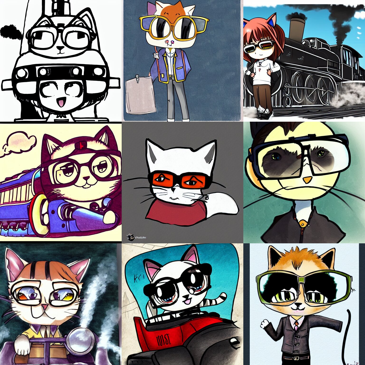 Anime Doodle of a Chibi Cat with Aviator Glasses as a Driver of a Steam Locomotive