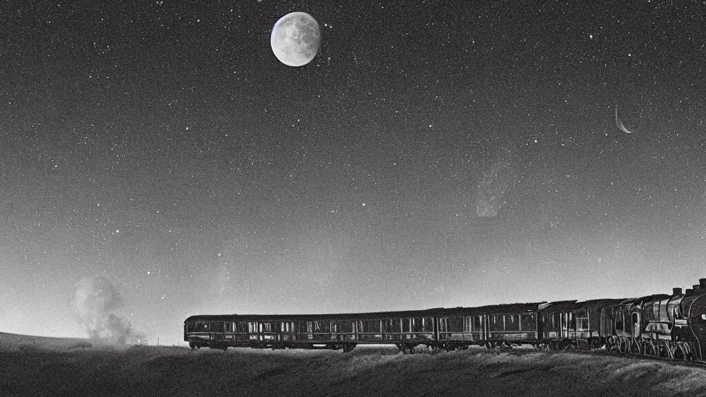 Spectral Steam Locomotive Pulling a Train of 13 Coach Dimly Lit
