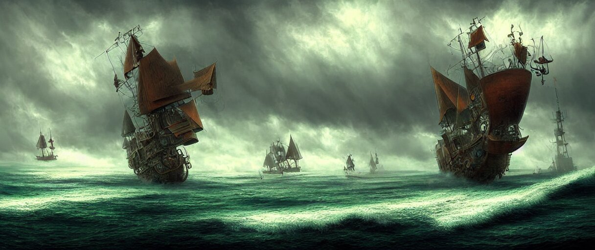 Steampunk Cruising Ship Sailing at Sunny Day