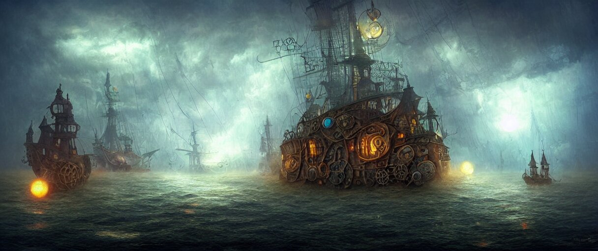 Steampunk Cruising Ship Sailing at Miniature Maze with Lighting Volumetric Storms