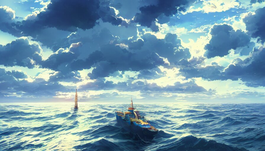 Ship Sailing at Sea Dynamic Blue Sky