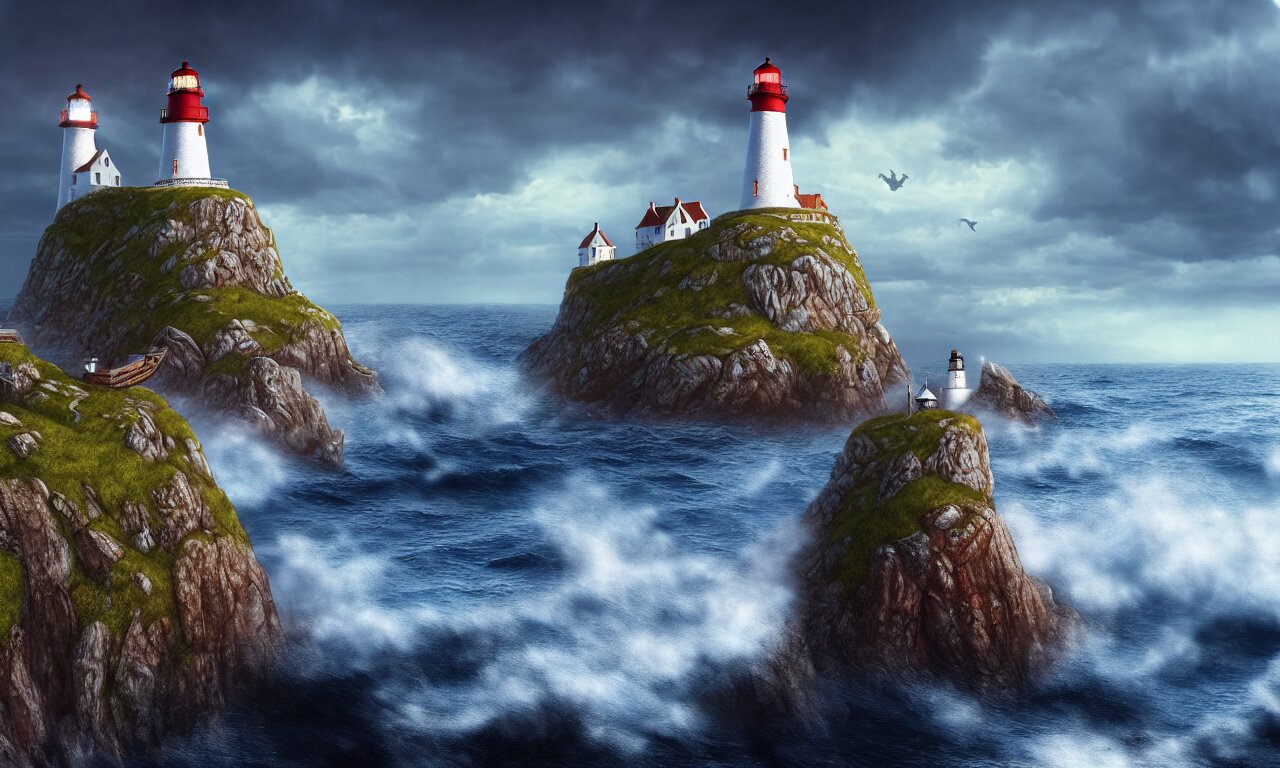 Five Lighthouses on a Rocky Cliff