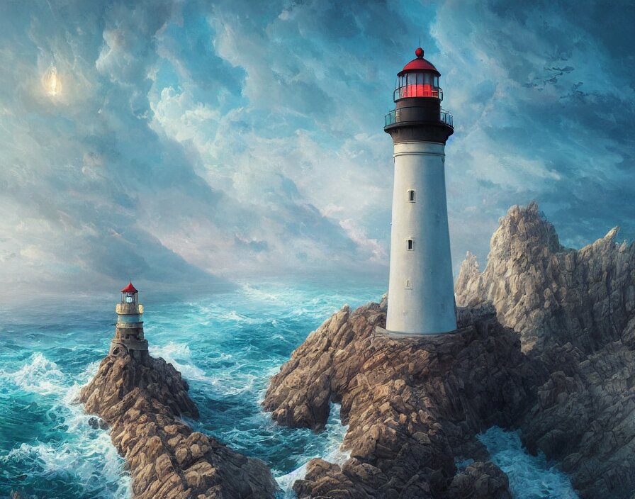 Fantasy Painting of a Lighthouse on the Edge of a Cliff Overseeing a Vast Ocean