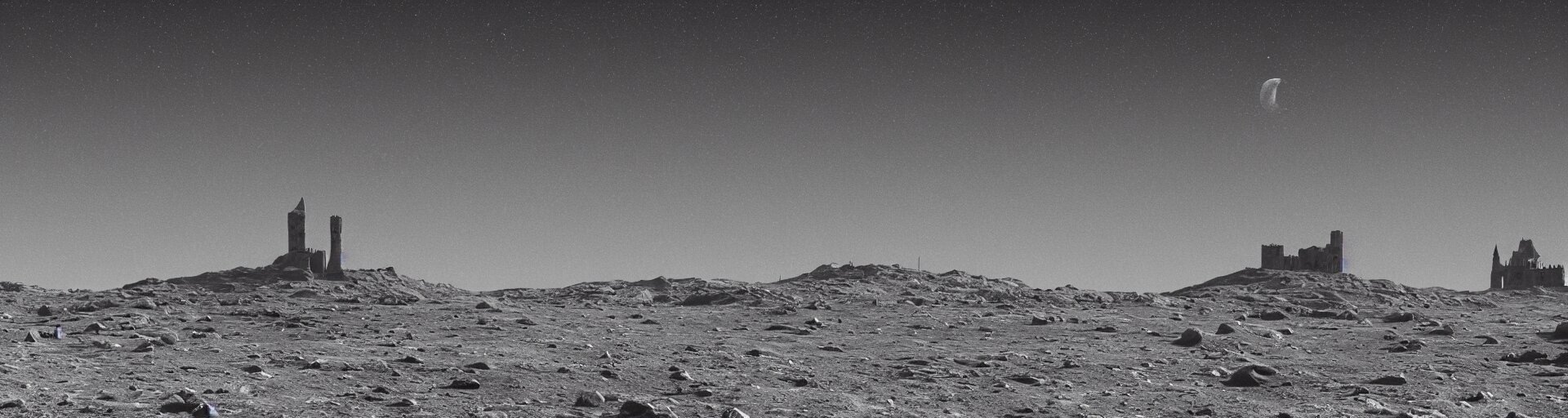 Landscape of the Lunar Surface with a Spooky Medieval Castle Tower on the Far Left