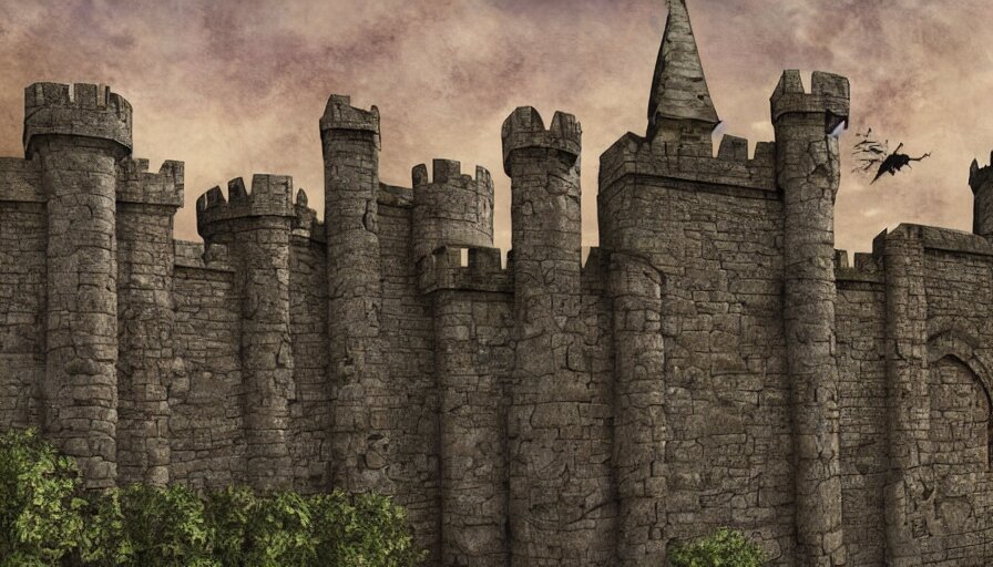 Wall of a Medieval Castle with Creepy Gargoyles on the Cornice