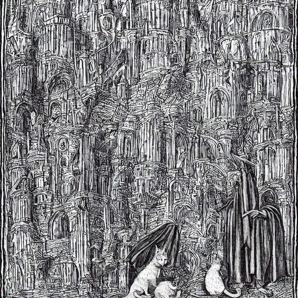 Gray Striped Cat Disguised as a Wizard Merlin in Front of the Castle of Camelot