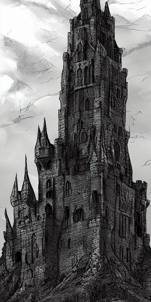 Lord of the Rings Tall Medieval Tower of Dark Stone on a Castle on a Hill