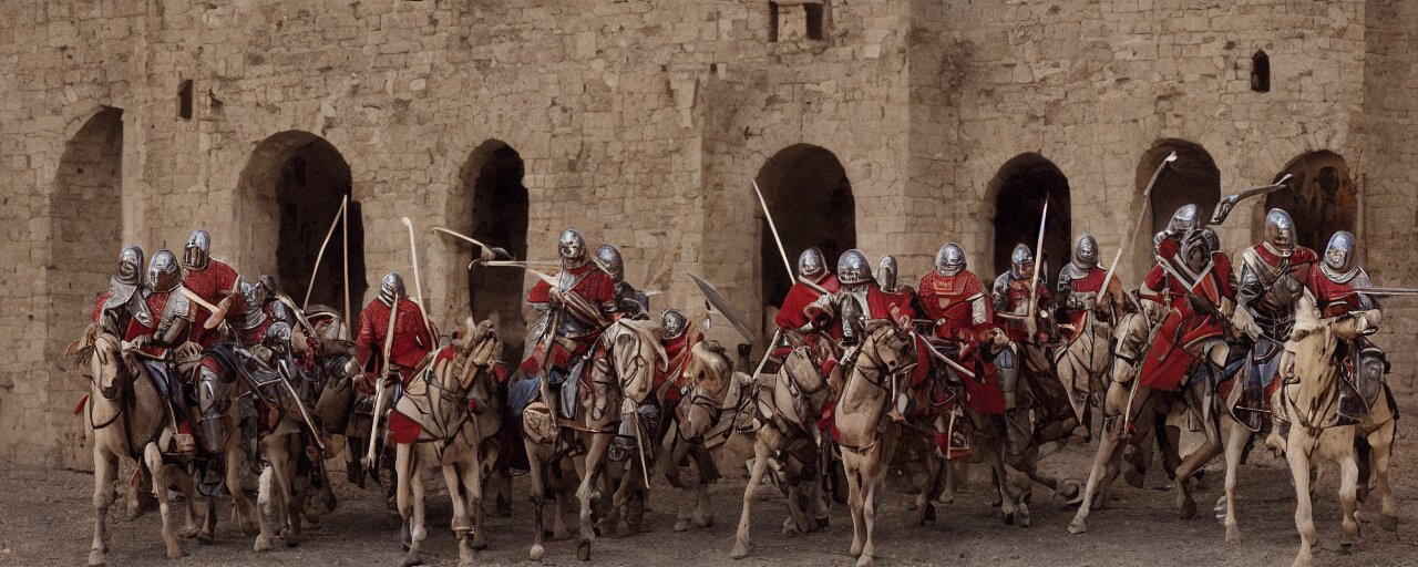 Medieval Knights Defending a Large Mound of Spaghetti Behind the Castle Gates