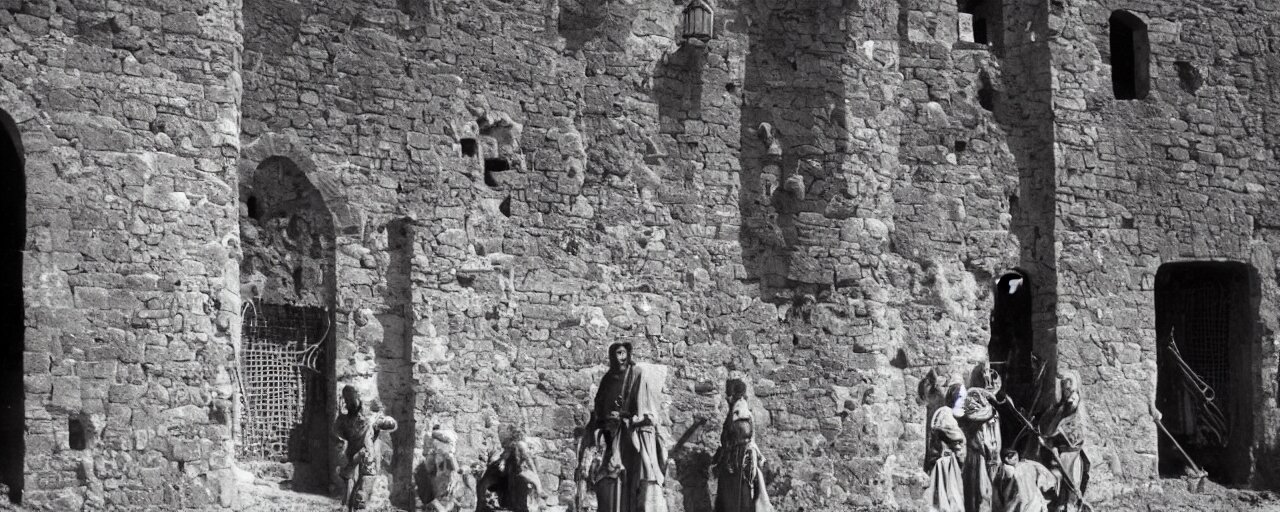 Medieval Castle with Knights Protecting a Giant Mound of Spaghetti Behind the Walls