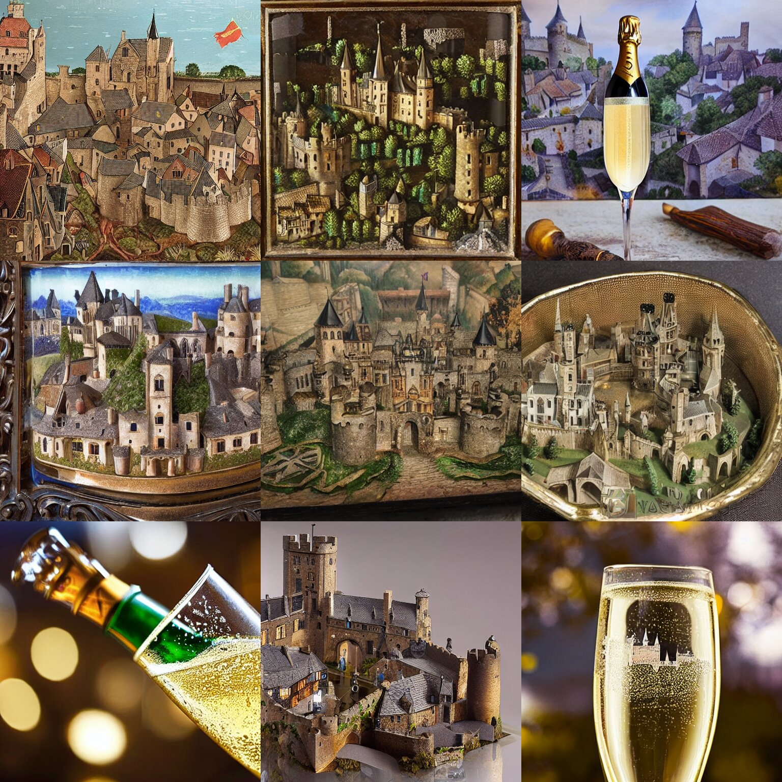 Glass of Champagne Containing a Medieval Village with a Castle