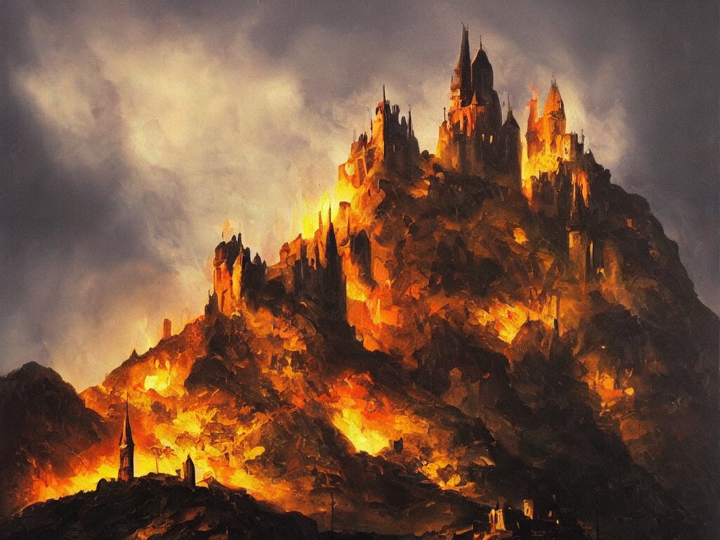Modern Stylized Oil Painting of Medieval Castle on Mountain