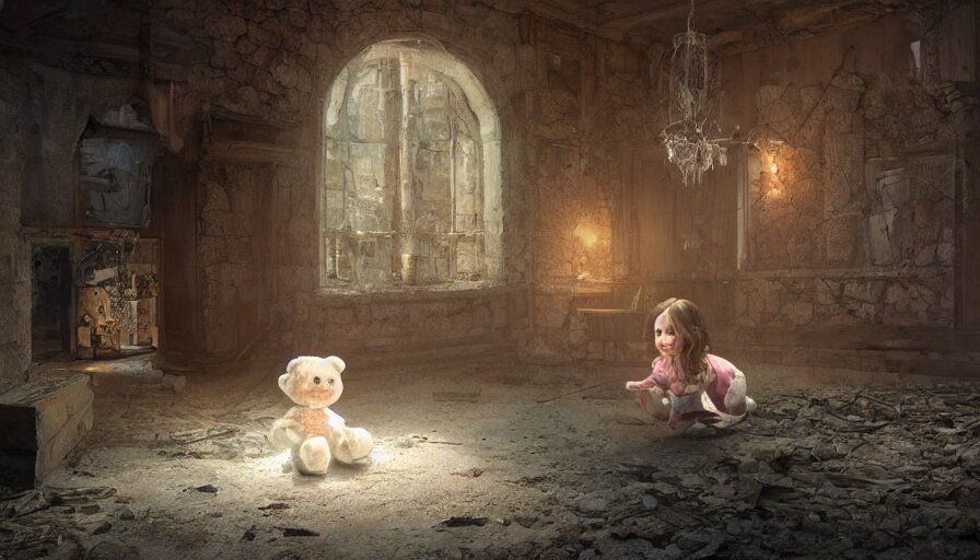 Little Girl Playing with Her Teddy Bear in the Floor of an Abandoned Medieval Castle