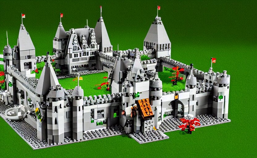 Realistic Detailed Accurate Lego Set of a Medieval French Castle on a Forested Green Hill