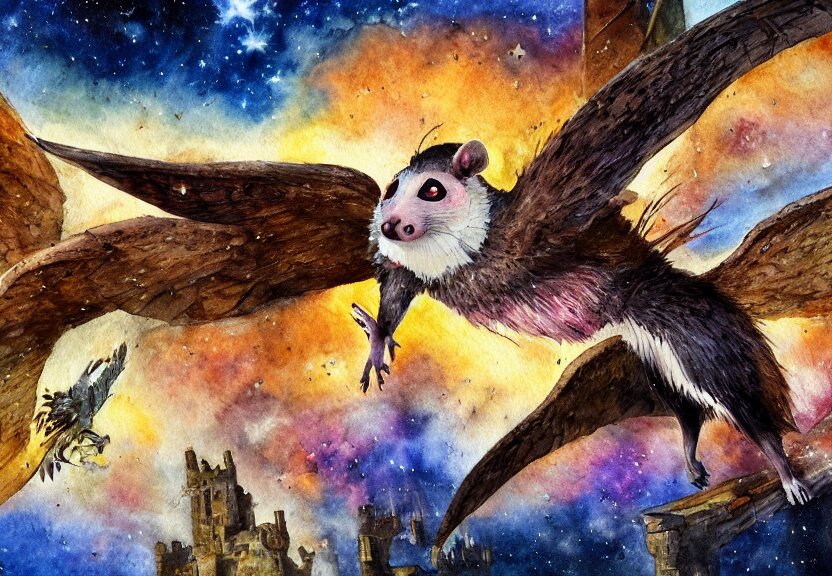 Legendary Colorful Winged Possum Flying over a Medieval Castle under a Dark Starred Sky